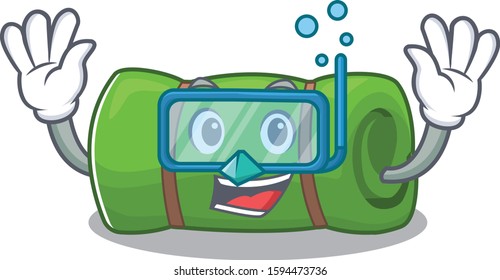cartoon Mascot featuring camping mat Scroll wearing Diving glasses