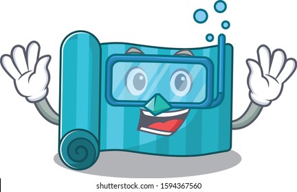 cartoon Mascot featuring yoga mattress Scroll wearing Diving glasses