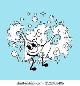 Cartoon mascot flask, sparkling wine reaction with release of a lot of foam and bubbles