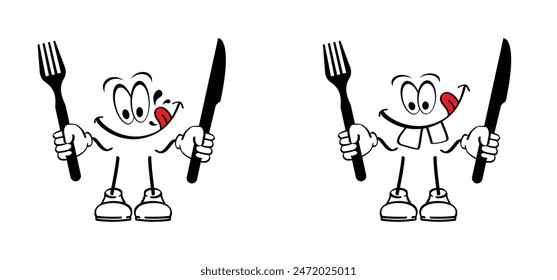 Cartoon mascot fork and knife icon. Food, eating symbol. Ready to eat healthy food. Vector icon or sign for dinner, breakfast, lunch. Yummy smile face with red tongue lick and saliva. Licking logo.