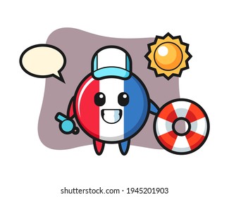 Cartoon mascot of france flag badge as a beach guard