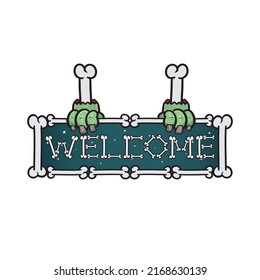 Cartoon Mascot Of Frankenstein Hands With Welcome Signboard. Vector and Illustration.