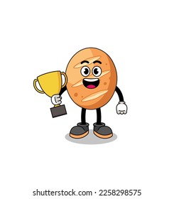 Cartoon mascot of french bread holding a trophy , character design