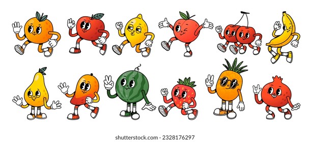 Cartoon mascot fruit. Retro fruits character with legs and hands, cute face expression. Walking orange, running apple, staying watermelon, happy banana. Vector set. Natural sweet peach, pineapple