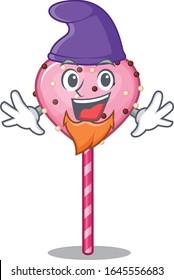 cartoon mascot of funny candy heart lollipop dressed as an Elf