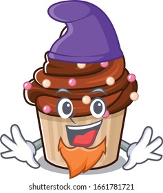 cartoon mascot of funny chocolate cupcake dressed as an Elf