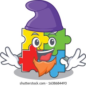 cartoon mascot of funny puzzle toy dressed as an Elf