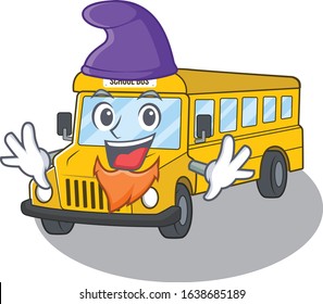 cartoon mascot of funny school bus dressed as an Elf