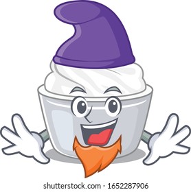 cartoon mascot of funny sour cream dressed as an Elf