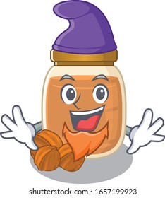 cartoon mascot of funny walnut butter dressed as an Elf