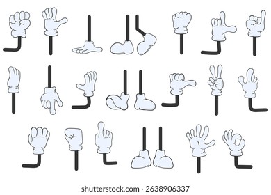 Cartoon mascot gesture collection with hand pose glove thumb up palm character vintage fun comic expression walk feet shoes leg wrist signal ok victory animation language illustration