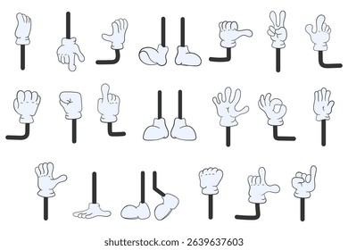 Cartoon mascot gesture collection with hand pose glove thumb up palm character vintage fun comic expression walk feet shoes leg wrist signal ok victory animation language illustration