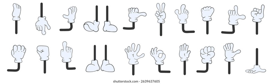 Cartoon mascot gesture collection with hand pose glove thumb up palm character vintage fun comic expression walk feet shoes leg wrist signal ok victory animation language illustration