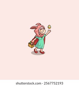 Cartoon mascot of girl in bunny cape carrying basket full of easter eggs and sharing them happily