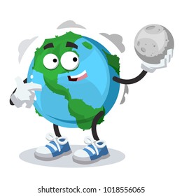 cartoon mascot globe holding a moon in his hand on a white background