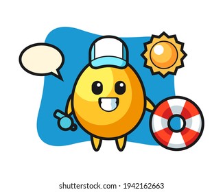 Cartoon mascot of golden egg as a beach guard