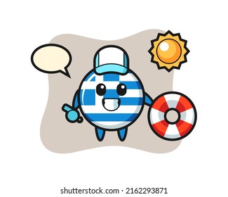 Cartoon mascot of greece flag badge as a beach guard , cute style design for t shirt, sticker, logo element