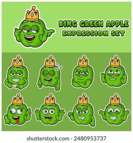 Cartoon Mascot Of  Green Apple Fuit Character with king and expression set. Vector Illustration