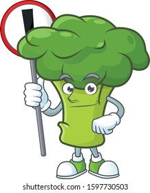 Cartoon mascot of green broccoli bring sign in his hand