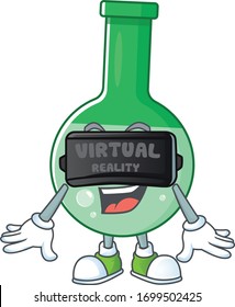 A cartoon mascot of green chemical bottle enjoying game with Virtual reality headset