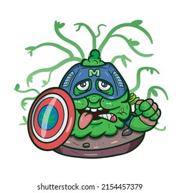 Cartoon Mascot Of Green Weed Bud With Shield. Suitable for Brand, Label, Logo, Sticker, t-shirt Design, Wallpaper, and other Product. Vector And Illustration