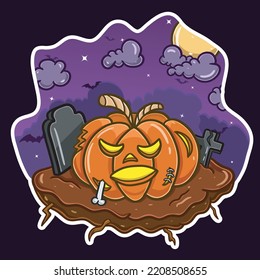 Cartoon Mascot of Halloween Pumpkin in Graveyard Night. Vector and Illustration.