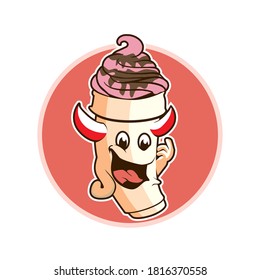 Cartoon Mascot of Happy Demon Strawberry Ice Cream Cone with Chocolate Toppings