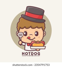 cartoon mascot with hot dog. vector illustrations with outline style, suitable for, logo brand, stickers, icons, etc.