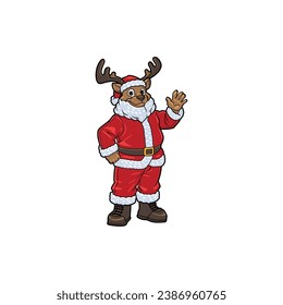 Cartoon mascot illustration of anthropomorphic deer wear a christmas santa claus outfit