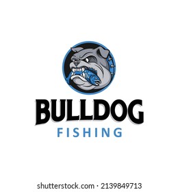 Cartoon Of Mascot Illustration Of Bulldog Dog Eating Fish, Fishing Logo Design Vector Template