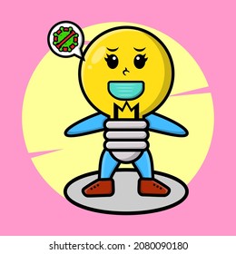 Cartoon mascot illustration lamp using mask to prevent corona virus in cute style design for t-shirt, sticker, logo element, poster