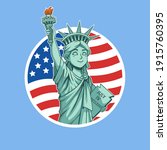 Cartoon Mascot Illustration Liberty Statue with American Flag, Vector Art