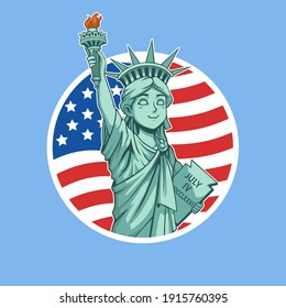 Cartoon Mascot Illustration Liberty Statue with American Flag, Vector Art