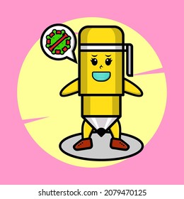 Pluma de ilustración de mascota de caricatura con máscara para prevenir el virus de la corona en diseño de estilo lindo para camiseta, pegatina, elemento logo, afiche