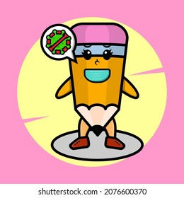Cartoon mascot illustration pencil using mask to prevent corona virus in cute style design for t-shirt, sticker, logo element, poster