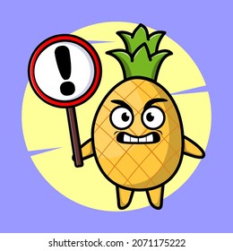 A cartoon mascot illustration pineapple with exclamation sign board vector image cute style design for t shirt, sticker, logo element for t-shirt, sticker, logo element