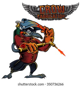 Cartoon Mascot Image of a Raven, Crow or Black Bird.Illustration of a welder Crow welding and text