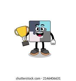 Cartoon mascot of jigsaw puzzle holding a trophy , character design
