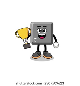 Cartoon mascot of keyboard C key holding a trophy , character design