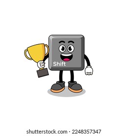 Cartoon mascot of keyboard shift key holding a trophy , character design