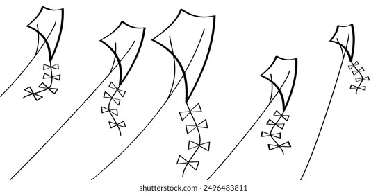 Cartoon mascot with a kite in the sky. Friends together, kite flying, have fun. Sport logo. Child playing or running fly a kite. Happy healthy children playing kites pictogram. Summer game.