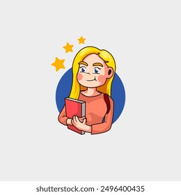 cartoon mascot logo of a beautiful blonde female student ready to study