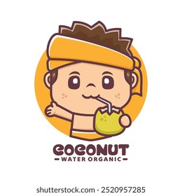 cartoon mascot logo with coconut. Vector illustration for culinary business, brand logo, sticker, cartoon identity, icon, etc.