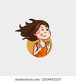 cartoon mascot logo of cute beautiful woman with long hair exposed to strong wind.