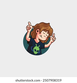 cartoon mascot logo, cute boy with long brown hair wearing alian clothes while dancing happily