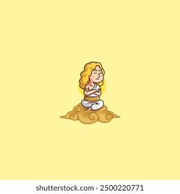 cartoon mascot logo cute long haired god riding a cloud with a halo behind him