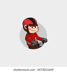 cartoon mascot logo, cute man with red helmet riding a bicycle for a speed race