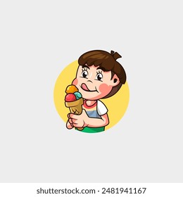cartoon mascot logo, a cute and sweet little boy enjoying a very delicious ice cream full of color