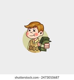 cartoon mascot logo funny rich man giving out a stack of money to anyone