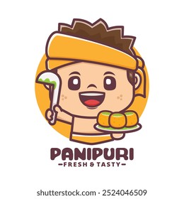 cartoon mascot logo with indian food panipuri. Vector illustration for culinary business, brand logo, sticker, cartoon identity, icon, etc.